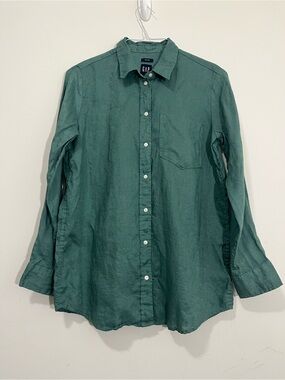 GAP Women’s 100% Linen Button-Up Shirt Size S Sage Green Long Sleeve Coastal